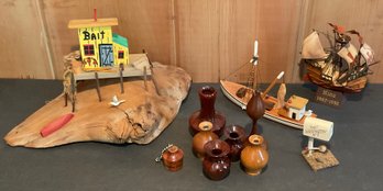 Vintage Driftwood Bait House, Boats, & Miniature Vases