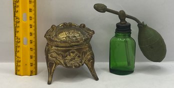 Vintage Green Perfume Bottle And Ring Trinket Box