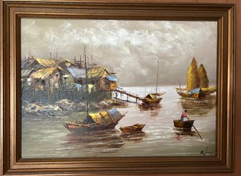 Vintage  Framed Signed Oil Painting Chinese Junk Boat And Shanty Town 27 In. X 20 In.