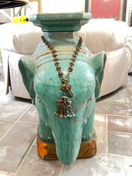 Verde Green Ceramic Elephant Statue W/ Metal Necklace