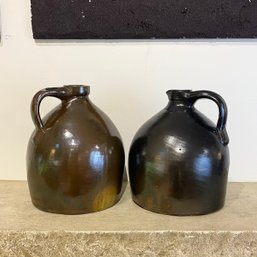 Two Antique Stoneware Handled Jugs Bennington Glaze