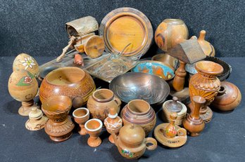 Large Lot Of Chilean Carved Wooden Cups And Artifacts, Copper Plates