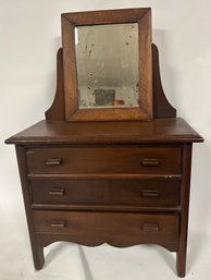 Vintage 3 Drawer Chest For Tall Dolls Or As A Jewelry Box - Beveled Glass & Oak Frame Mirror  26' Tall   CVBK