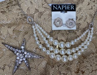 Lot Silver Tone Jewelry: Napier Clip Earrings, Faux Pearl Necklace, Large Rhinestone Star Shaped Brooch Pin