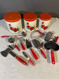 3 MCM Kitchen Tin Containers And Utensils Red Chrysanthemums