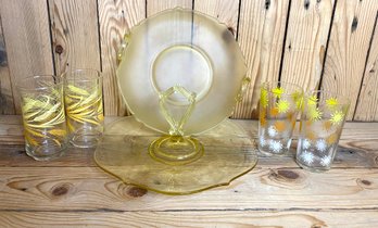 Vintage Yellow Color Glass Cups And Platters