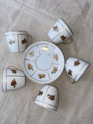 Set Of 5 V.A. Espresso Cups And Saucers Made In Portugal Porcelain Gilt Floral Design
