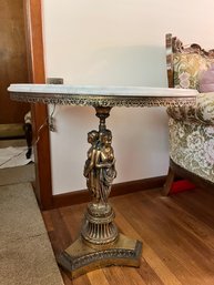 Hollywood Regency #1 Of 2 Matching Gilt Table With Carved Floral Marble Top, Decorated With Roses And Vines