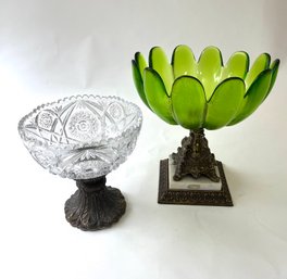 Vintage Pedestaled Fruit  Bowls With Metal & Marble Base