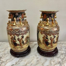 Pair Of Vintage Asian Inspired Vases And Wooden Base