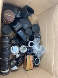 Box Of Vintage Camera Lenses, Covers, Cases