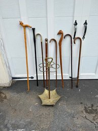 Interesting Group Of Walking Canes & Cane Holder