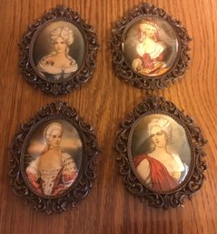 4 Ornate Metal Petite Oval Frames, Silk Portraits, Made In Italy.