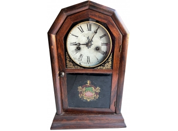 Antique Atkins Clock Co. Bristol, CT Pendulum Regulator Mantle Clock With Key Glass Painted UNTESTED