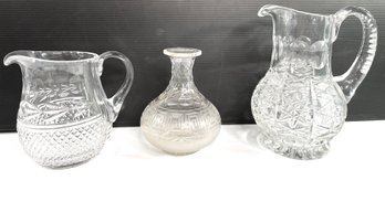 Cut Glass Pitchers And Etched Carafe