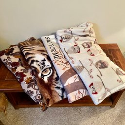 Lot Of Fleece Blankets: Tiger, Owls, Etc.