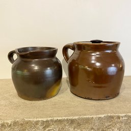 Two Small Brown Stoneware, One With Lid