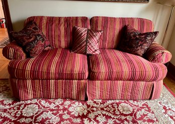 Custom Made Chenille Striped Cranberry Sofa, Paid $2980