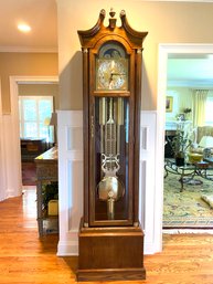 King Arthur Grandfather Clock In Oak Case With Ornate Trim