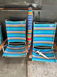 2 Beach Chairs With Sand Umbrella, With Screw Down For Umbrella