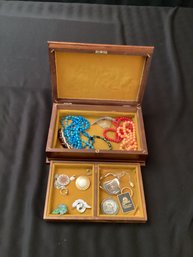 Inlaid Marquetry Wooden Jewelry Box With Contents