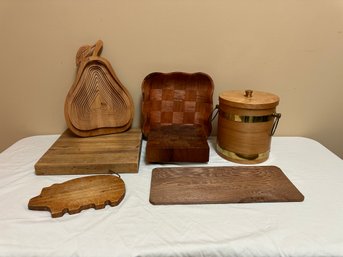 Wood Block Cutting Boards, Ice Bucket And Wood 'Pear' Basket