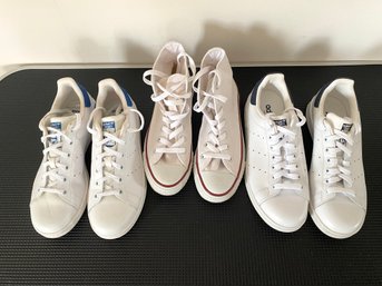 Two Pairs Of Adidas Stan Smith & One Pair White High Top Converse