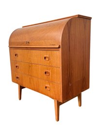 Danish Modern Roll Top Locking Secretary Desk / Dresser In Teak