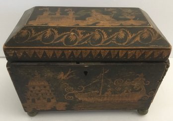 Antique Wood Hand  Painted Tea Caddy