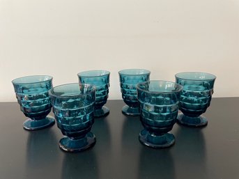 Set Of Six Vintage Footed Thumbprint Teal Glasses