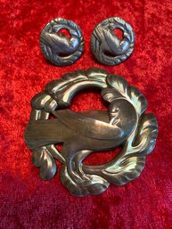 Georg Jensen Sterling 925 Silver Denmark Peace Dove Brooch And Clip On Earrings 35 Grams