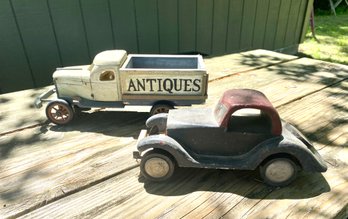 Pair Of Wooden Toys. Antiques Truck And Car