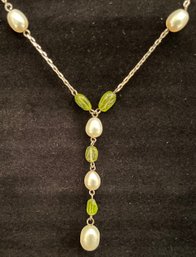 Vintage 925 Sterling Silver Chain Necklace - Pearl & Peridot - Transparent Green Stones - 18 Inches Long