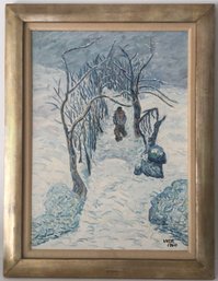 Vintage Signed VASR 1960, Oil On Canvas, Man Walking In Snow.