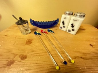 Vintage Lot, Daisy And Button Cobalt Blue Wall Pocket, Tipp City Salt And Pepper, Jam Jar With Spoon, Tucan Bi