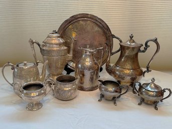 Group Of Silverplate Coffee & Tea Serving Pieces Along With A Round Tray - 9 Pieces