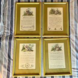 Four Lime Green & Gilt Custom Framed Hand Colored Musical Lithographs