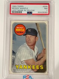 1969 Topps Mickey Mantle Card #500  Last Name In Yellow  PSA 7   Beautiful Near Mint Card.