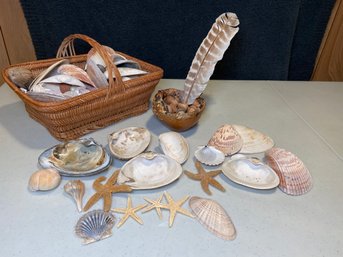 Basket Of Seashells Starfish And Handmade Potters Bowl With Acorns And Turkey Feather