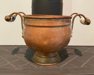 Copper Pot With White And Blue Handles