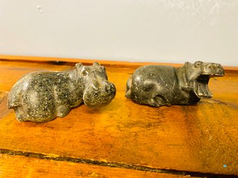 Pair Of Carved Stone Resting Hippos