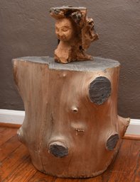 Native American Indian Chief Wood Sculpture With Rustic Wood Stumpf Side Table