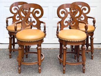 Set Of Four Frontgate Swivel Barstools With Custom Upholstery