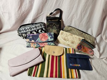 9 Various Wallets, Change Purses, Jewelry Clutch, Make Up Case With Brushes...