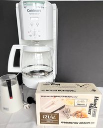 3 Pc. Small Appliance Lot: New In Box  HB Mixer, Cuisinart Coffee Maker, Norelco Coffee Mill Made In Belgium