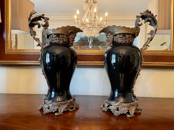 Pair Of Large Glass & Bronze Arabesque Ewers