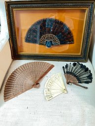 Wood Framed Ladies Lace Fan And Three Smaller Unframed Fans , Faults