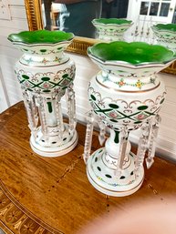 Pair Of Green Luster Candlesticks