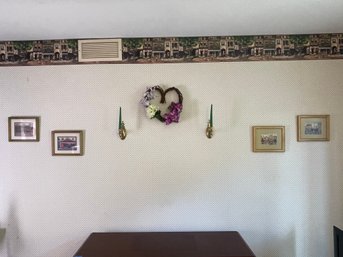 Art Work On Wall Including Prints, Candle Sticks, Wreath
