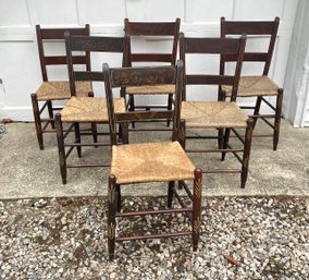 Set Of 6 Hand Painted Dining Chairs With Rush Seats